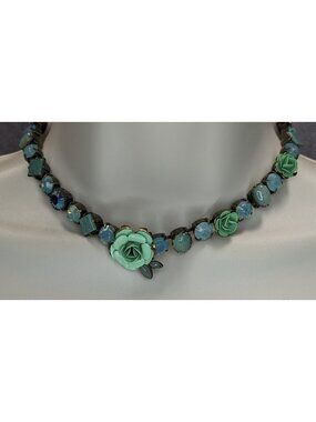 Vintage Mary DeMarco Floral Necklace Gemmed Blue Green Gold Fairycore